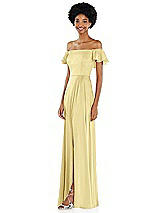 Side View Thumbnail - Pale Yellow Straight-Neck Ruffled Off-the-Shoulder Satin Maxi Dress