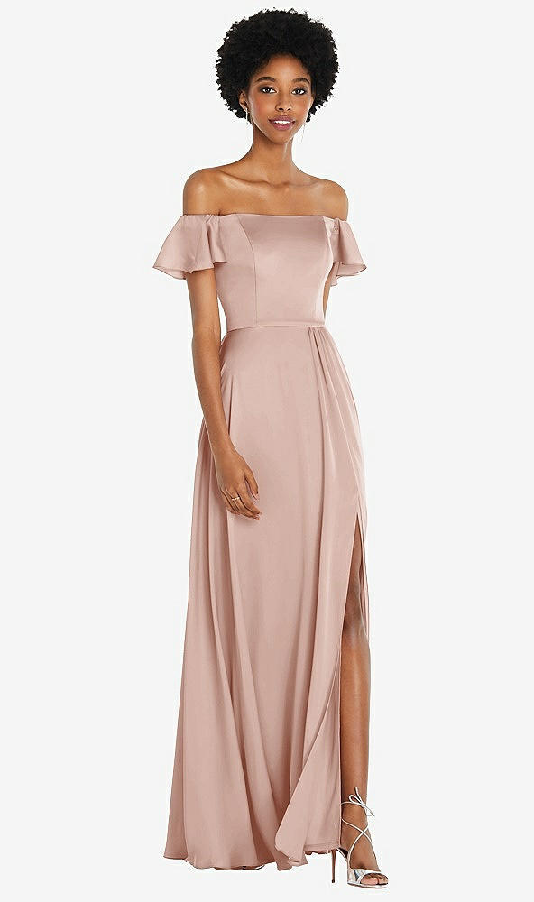 Front View - Toasted Sugar Straight-Neck Ruffled Off-the-Shoulder Satin Maxi Dress