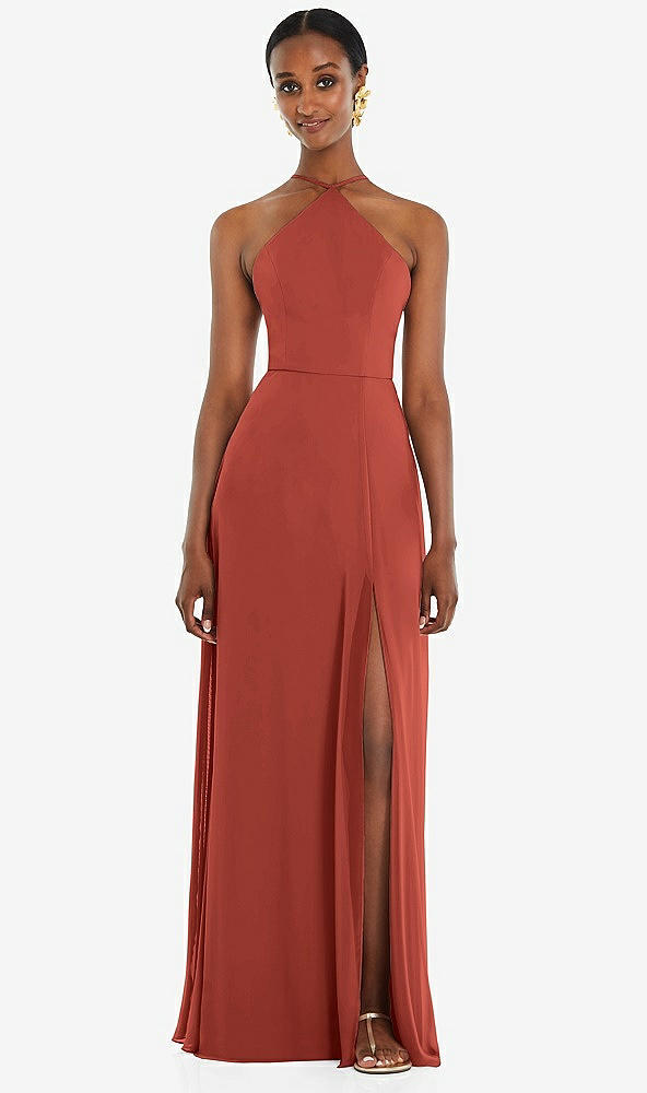 Front View - Amber Sunset Diamond Halter Maxi Dress with Adjustable Straps