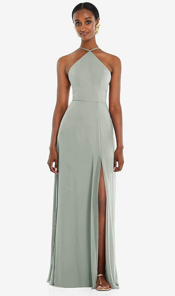 Front View - Willow Green Diamond Halter Maxi Dress with Adjustable Straps