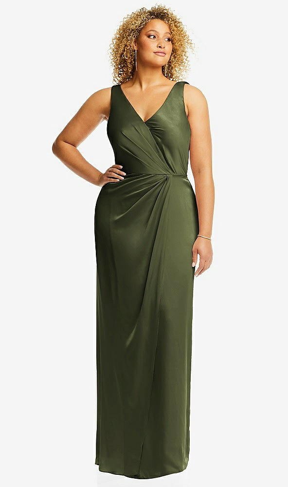 Front View - Olive Green Faux Wrap Whisper Satin Maxi Dress with Draped Tulip Skirt