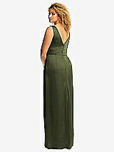 Rear View Thumbnail - Olive Green Faux Wrap Whisper Satin Maxi Dress with Draped Tulip Skirt