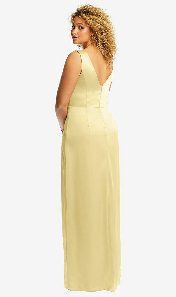 Back View - Pale Yellow Faux Wrap Whisper Satin Maxi Dress with Draped Tulip Skirt