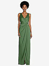 Alt View 1 Thumbnail - Vineyard Green Faux Wrap Whisper Satin Maxi Dress with Draped Tulip Skirt