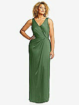 Front View Thumbnail - Vineyard Green Faux Wrap Whisper Satin Maxi Dress with Draped Tulip Skirt