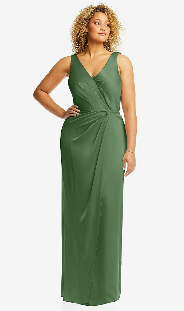 Front View - Vineyard Green Faux Wrap Whisper Satin Maxi Dress with Draped Tulip Skirt