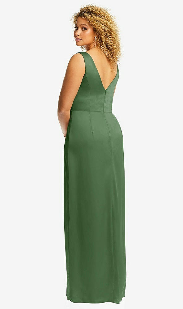 Back View - Vineyard Green Faux Wrap Whisper Satin Maxi Dress with Draped Tulip Skirt