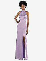 Rear View Thumbnail - Pale Purple High Neck Backless Maxi Dress with Slim Belt
