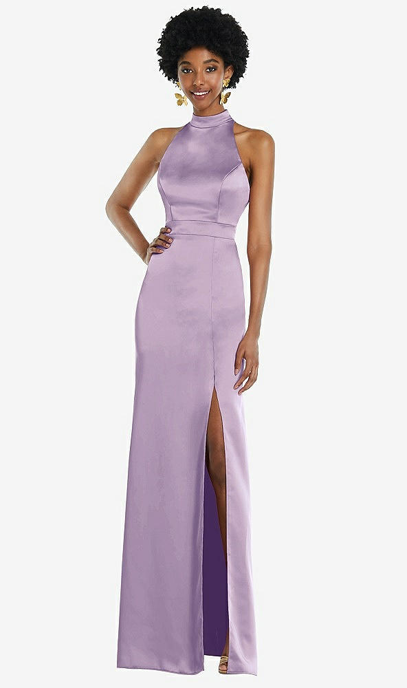 Back View - Pale Purple High Neck Backless Maxi Dress with Slim Belt