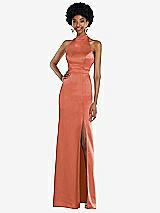 Rear View Thumbnail - Terracotta Copper High Neck Backless Maxi Dress with Slim Belt