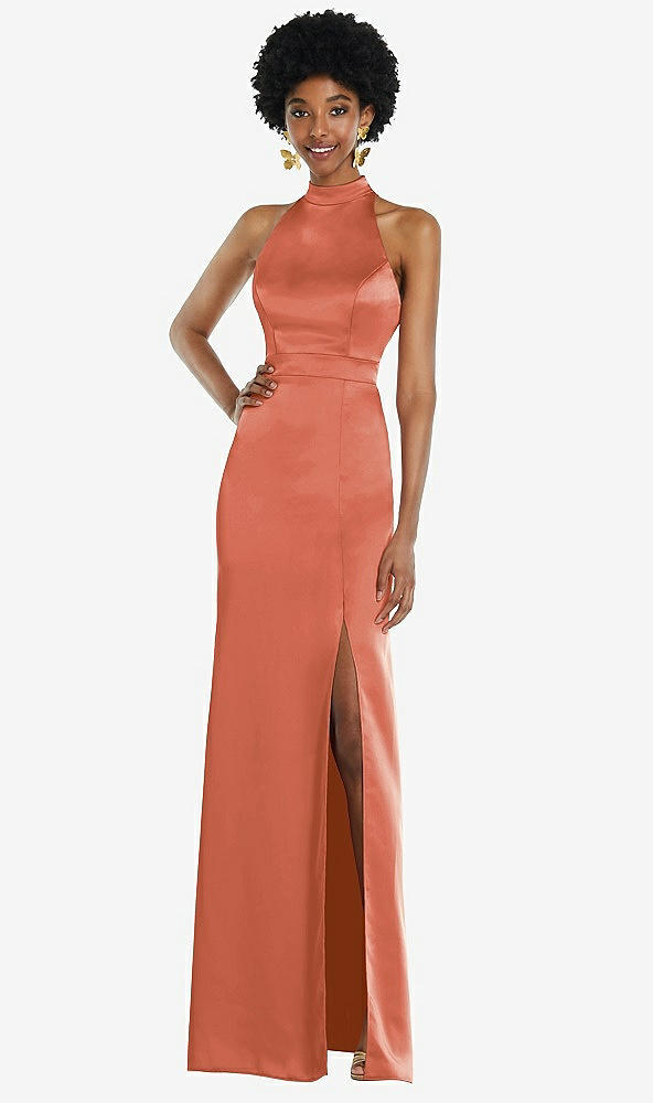 Back View - Terracotta Copper High Neck Backless Maxi Dress with Slim Belt