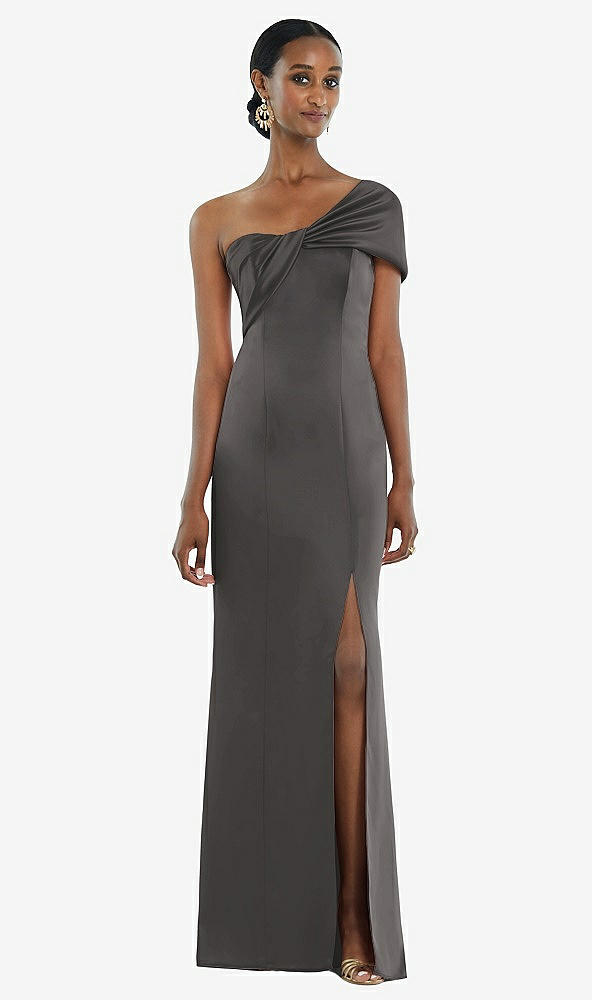 Front View - Caviar Gray Twist Cuff One-Shoulder Princess Line Trumpet Gown