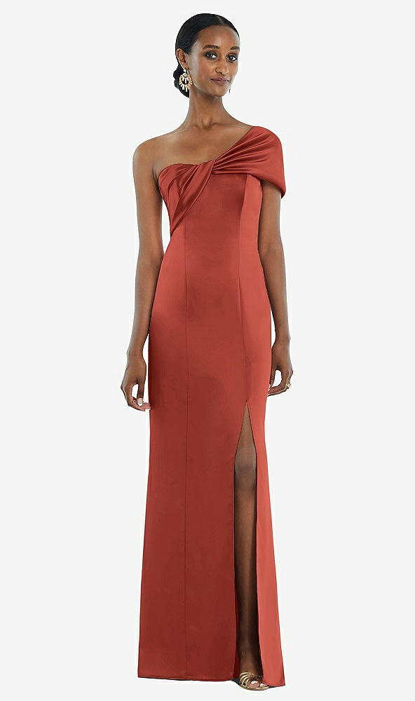 Front View - Amber Sunset Twist Cuff One-Shoulder Princess Line Trumpet Gown
