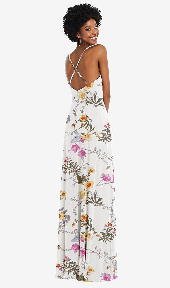 Back View - Butterfly Botanica Ivory Faux Wrap Criss Cross Back Maxi Dress with Adjustable Straps