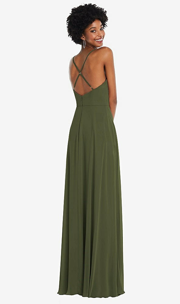 Back View - Olive Green Faux Wrap Criss Cross Back Maxi Dress with Adjustable Straps