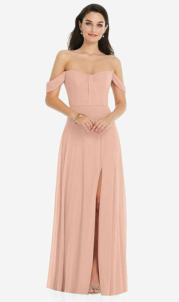 Front View - Pale Peach Off-the-Shoulder Draped Sleeve Maxi Dress with Front Slit