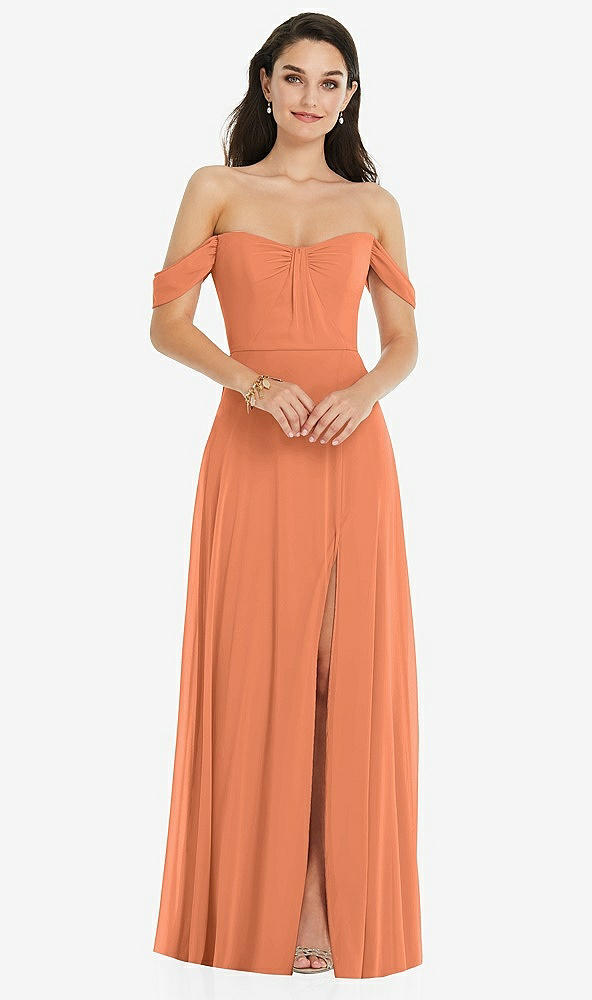 Front View - Sweet Melon Off-the-Shoulder Draped Sleeve Maxi Dress with Front Slit