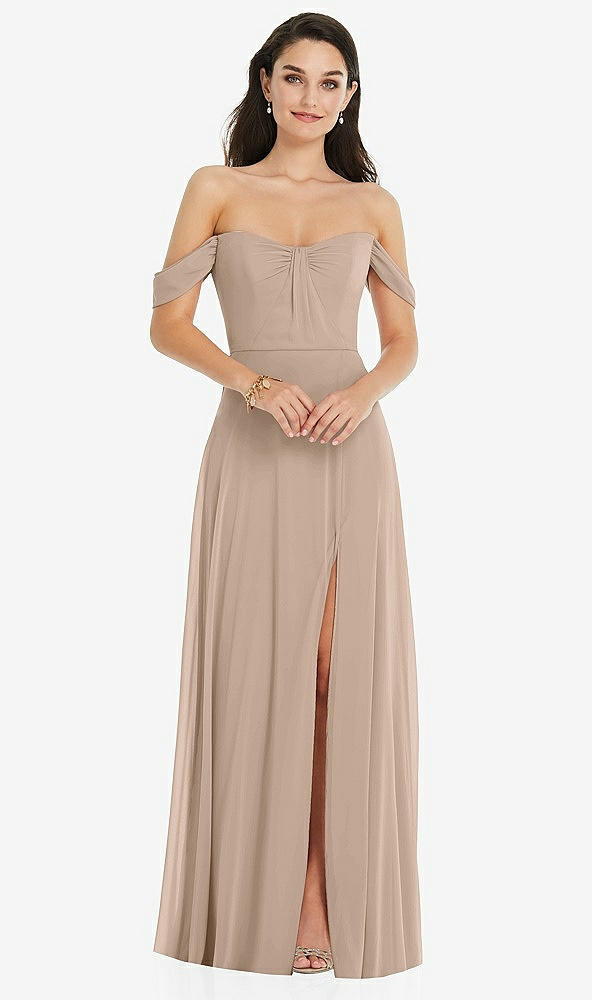 Front View - Topaz Off-the-Shoulder Draped Sleeve Maxi Dress with Front Slit