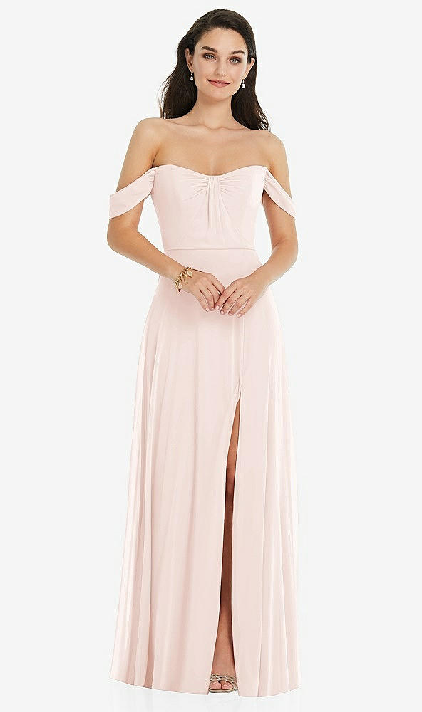 Front View - Blush Off-the-Shoulder Draped Sleeve Maxi Dress with Front Slit
