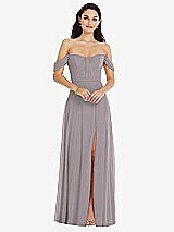 Front View Thumbnail - Cashmere Gray Off-the-Shoulder Draped Sleeve Maxi Dress with Front Slit