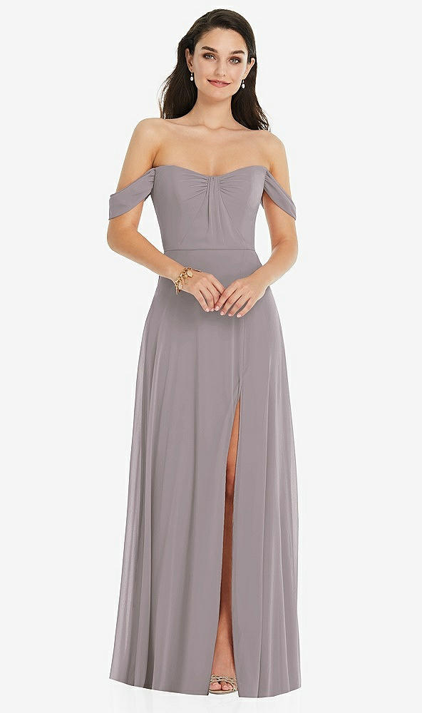 Front View - Cashmere Gray Off-the-Shoulder Draped Sleeve Maxi Dress with Front Slit