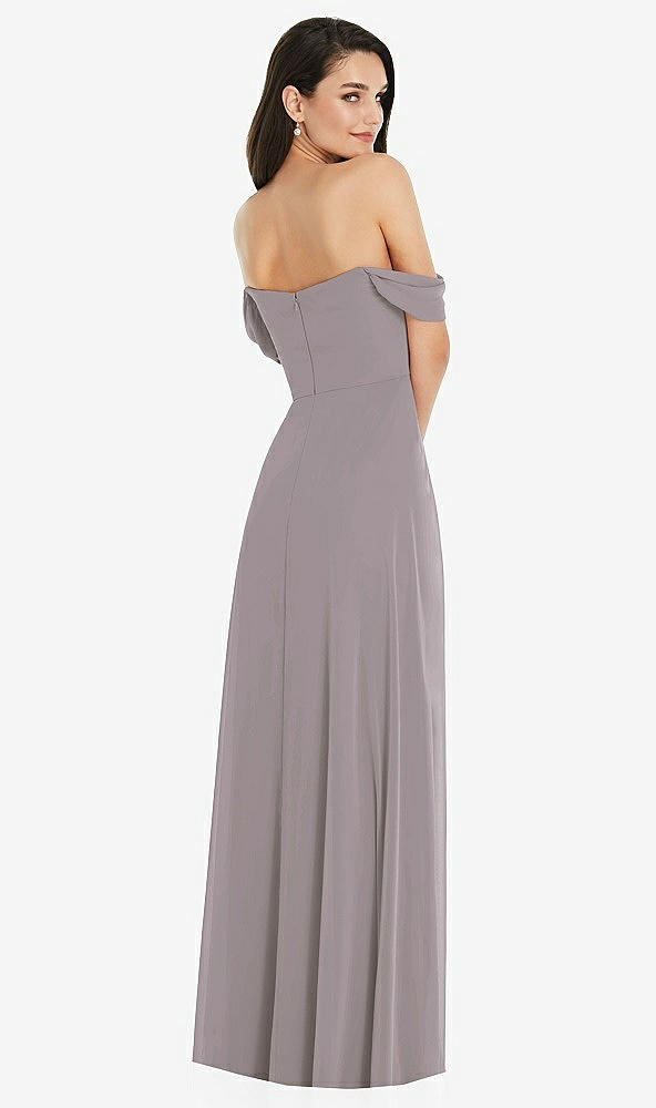 Back View - Cashmere Gray Off-the-Shoulder Draped Sleeve Maxi Dress with Front Slit