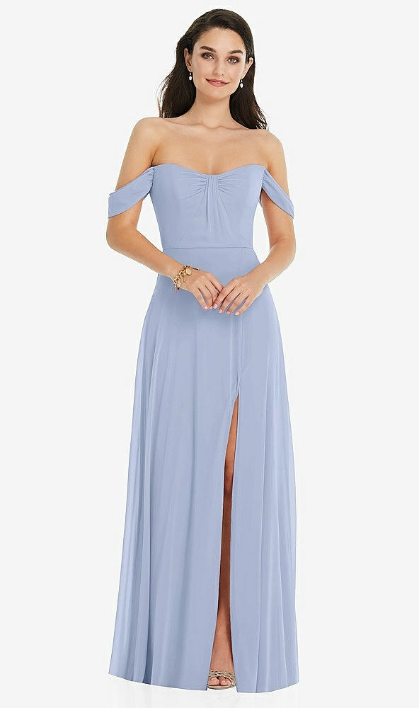 Front View - Sky Blue Off-the-Shoulder Draped Sleeve Maxi Dress with Front Slit