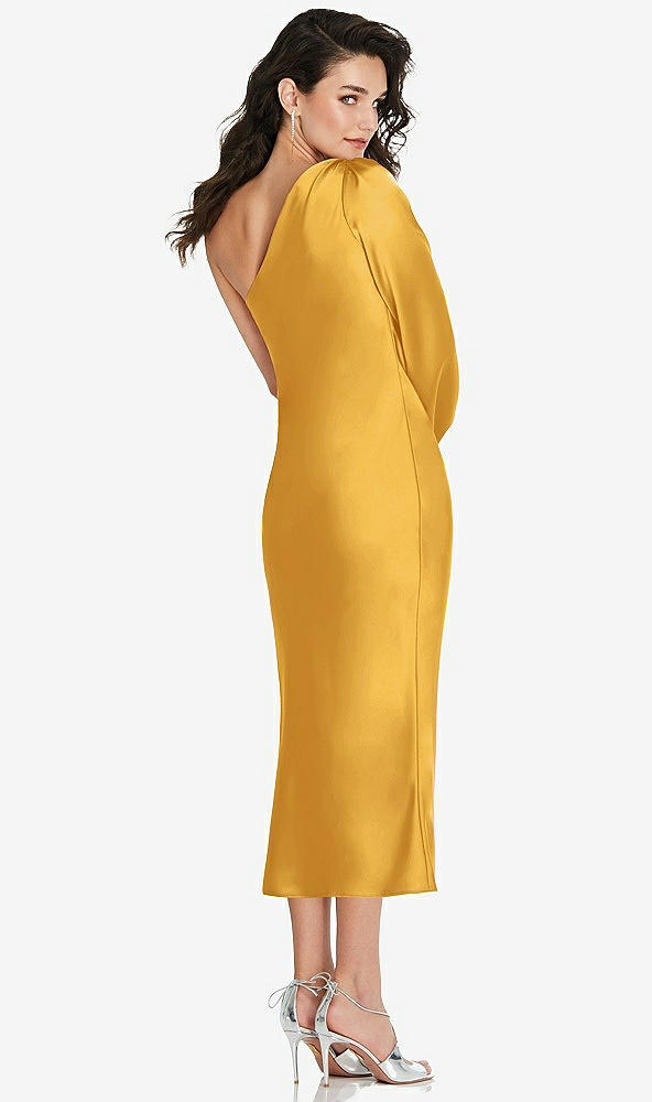Back View - NYC Yellow One-Shoulder Puff Sleeve Midi Bias Dress with Side Slit
