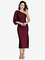 Front View Thumbnail - Cabernet One-Shoulder Puff Sleeve Midi Bias Dress with Side Slit