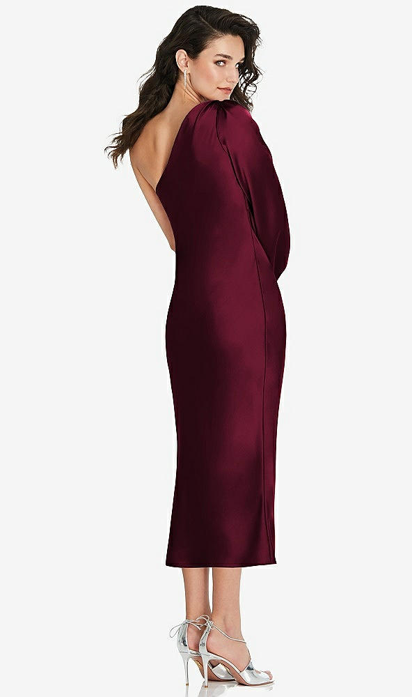 Back View - Cabernet One-Shoulder Puff Sleeve Midi Bias Dress with Side Slit