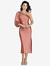 Front View Thumbnail - Desert Rose One-Shoulder Puff Sleeve Midi Bias Dress with Side Slit