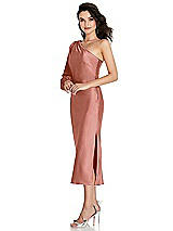 Side View Thumbnail - Desert Rose One-Shoulder Puff Sleeve Midi Bias Dress with Side Slit