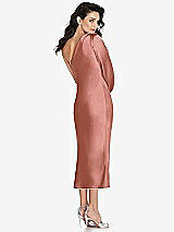 Rear View Thumbnail - Desert Rose One-Shoulder Puff Sleeve Midi Bias Dress with Side Slit