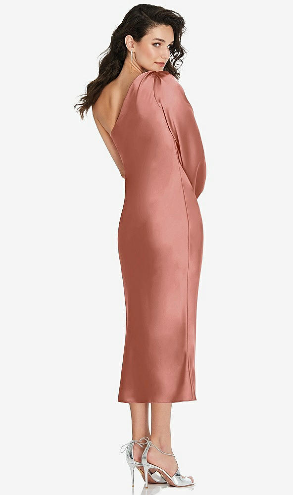 Back View - Desert Rose One-Shoulder Puff Sleeve Midi Bias Dress with Side Slit