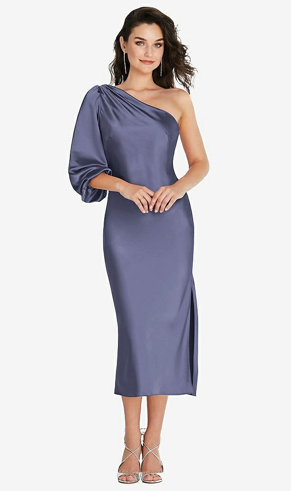 Front View - French Blue One-Shoulder Puff Sleeve Midi Bias Dress with Side Slit