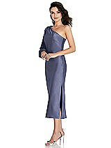 Side View Thumbnail - French Blue One-Shoulder Puff Sleeve Midi Bias Dress with Side Slit