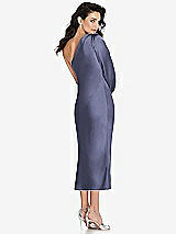 Rear View Thumbnail - French Blue One-Shoulder Puff Sleeve Midi Bias Dress with Side Slit
