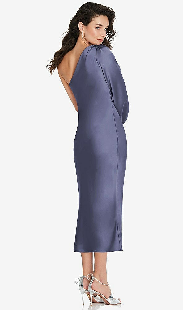 Back View - French Blue One-Shoulder Puff Sleeve Midi Bias Dress with Side Slit