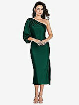 Front View Thumbnail - Hunter Green One-Shoulder Puff Sleeve Midi Bias Dress with Side Slit