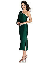 Side View Thumbnail - Hunter Green One-Shoulder Puff Sleeve Midi Bias Dress with Side Slit