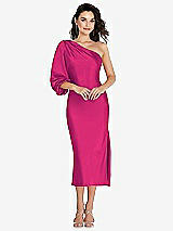 Front View Thumbnail - Think Pink One-Shoulder Puff Sleeve Midi Bias Dress with Side Slit