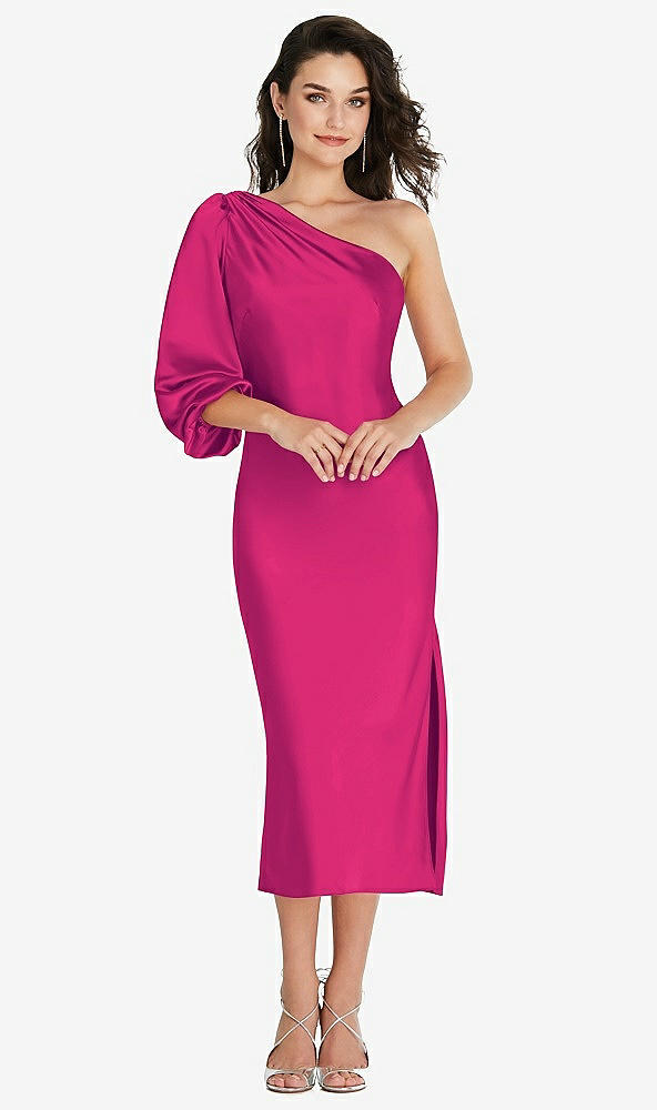Front View - Think Pink One-Shoulder Puff Sleeve Midi Bias Dress with Side Slit
