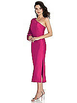 Side View Thumbnail - Think Pink One-Shoulder Puff Sleeve Midi Bias Dress with Side Slit