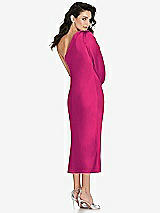 Rear View Thumbnail - Think Pink One-Shoulder Puff Sleeve Midi Bias Dress with Side Slit