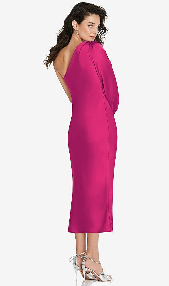 Back View - Think Pink One-Shoulder Puff Sleeve Midi Bias Dress with Side Slit