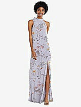 Front View Thumbnail - Butterfly Botanica Silver Dove Scarf Tie High Neck Blouson Bodice Maxi Dress with Front Slit