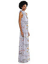 Side View Thumbnail - Butterfly Botanica Silver Dove Scarf Tie High Neck Blouson Bodice Maxi Dress with Front Slit