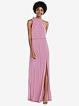 Front View Thumbnail - Powder Pink Scarf Tie High Neck Blouson Bodice Maxi Dress with Front Slit