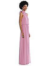Side View Thumbnail - Powder Pink Scarf Tie High Neck Blouson Bodice Maxi Dress with Front Slit