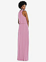 Rear View Thumbnail - Powder Pink Scarf Tie High Neck Blouson Bodice Maxi Dress with Front Slit